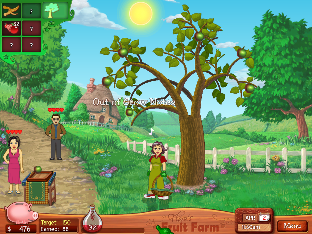 Flora's Fruit Farm (Windows) screenshot: I'm out of grow notes. I have to sell some fruit to get more.