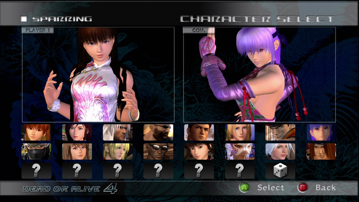 Dead or Alive 4 (Xbox 360) screenshot: Fighter select screen. Battle of the satin.