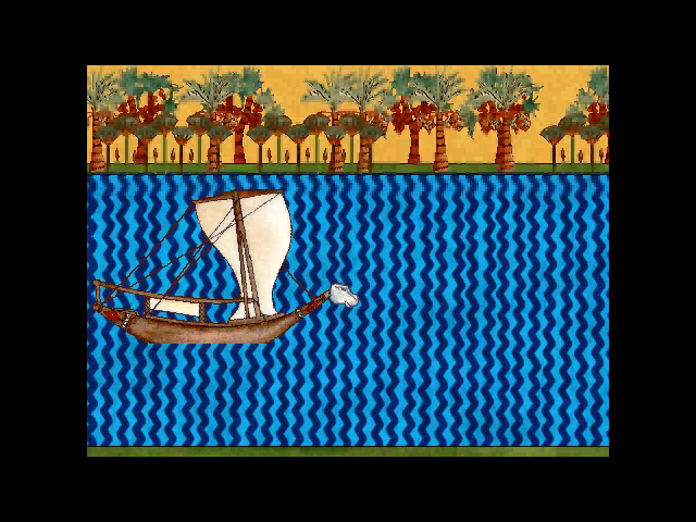 Nile: An Ancient Egyptian Quest (Windows) screenshot: Navigating the Nile avoiding hippos (arcade sequence)
