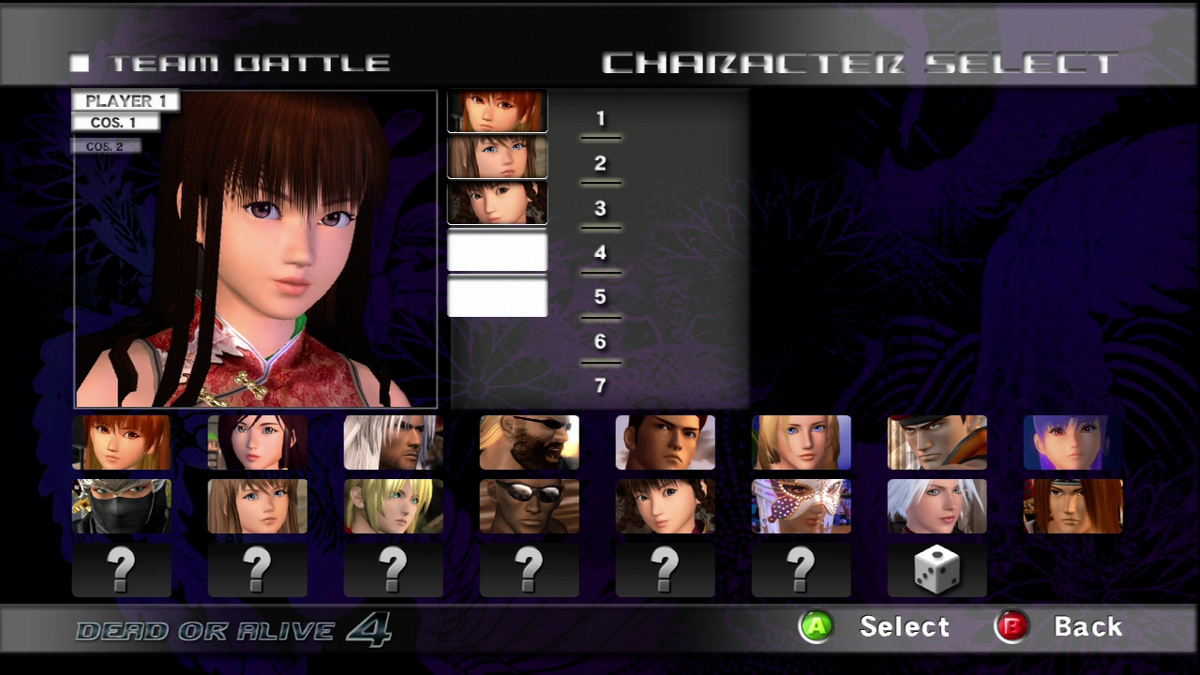 Dead or Alive 4 (Xbox 360) screenshot: Team battles are available, with teams up to 7 in size.