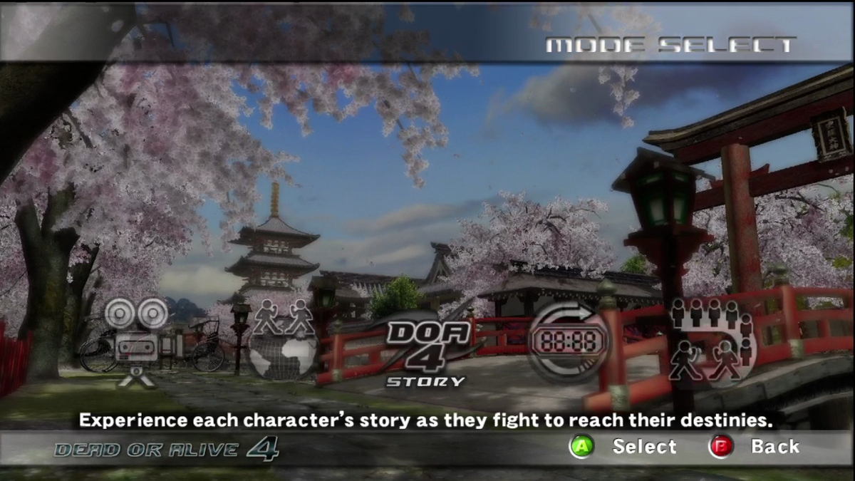 Dead or Alive 4 (Xbox 360) screenshot: The main menu swoops through arenas in the background.