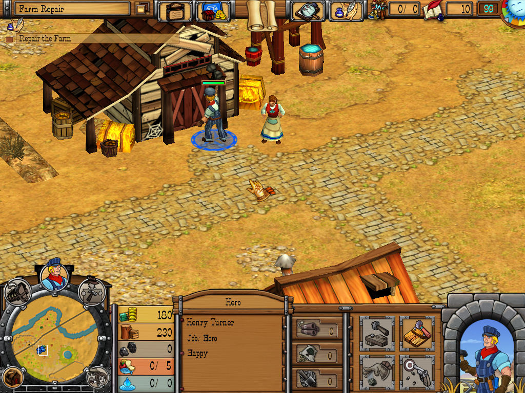 Westward IV: All Aboard (Windows) screenshot: Henry fixing a barn.