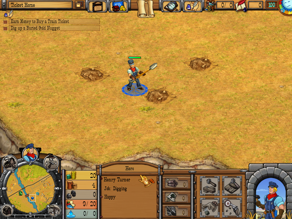 Westward IV: All Aboard (Windows) screenshot: Henry digging for gold nuggets.
