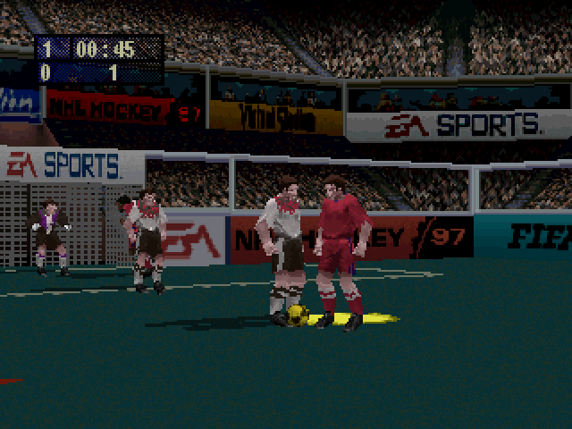 FIFA Soccer 97 (SEGA Saturn) screenshot: Opposing players standing around looking at the ball.