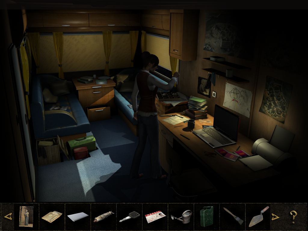 Chronicles of Mystery: The Scorpio Ritual (Windows) screenshot: Sylvie breaking into the archaeologist's trailer.