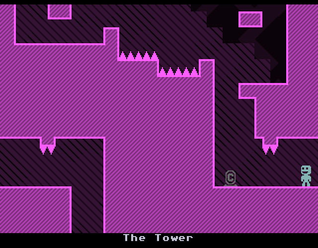 VVVVVV (Windows) screenshot: In this section movement is time-limited; spikes will appear at the bottom and the top of the screen.