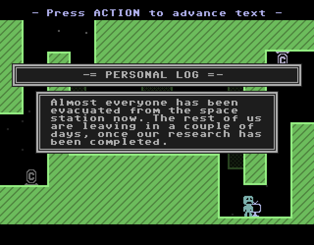 VVVVVV (Windows) screenshot: There are a few personal logs with background information.