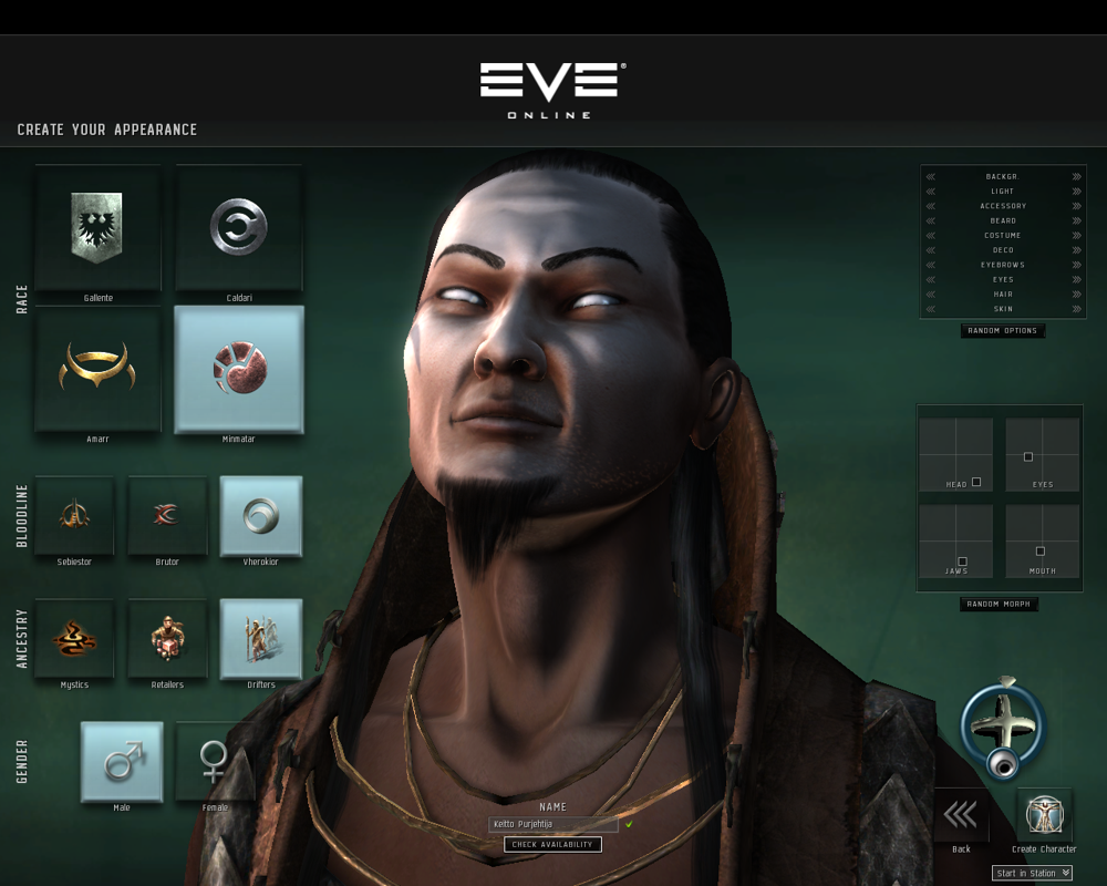 EVE Online (Windows) screenshot: Avatar creation (after the 12th expansion, Dominion)