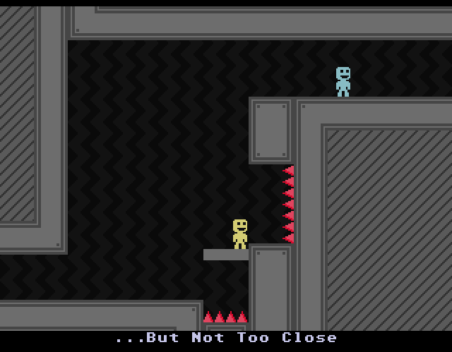VVVVVV (Windows) screenshot: In this part of the game you need to take along the yellow fellow.