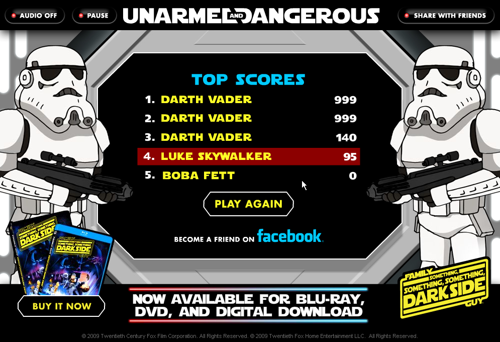 Unarmed & Dangerous (Browser) screenshot: Top scores