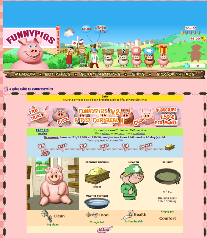 Funnypigs (Browser) screenshot: A brand new pig. All is well for the next three hours.