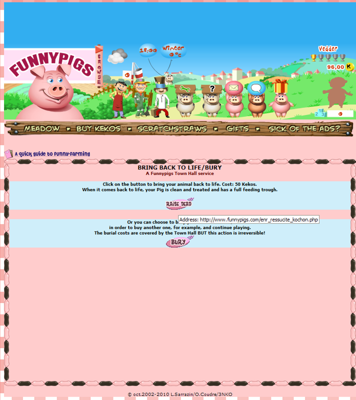 Funnypigs (Browser) screenshot: My pig died, because I neglected him for a couple days. This game could be used to see if your children are really ready for that goldfish.