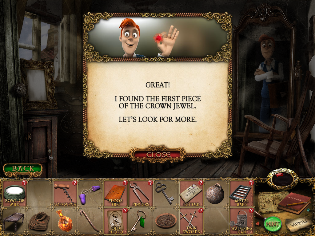 Mortimer Beckett and the Lost King (Windows) screenshot: Mortimer receiving the first jewel piece.