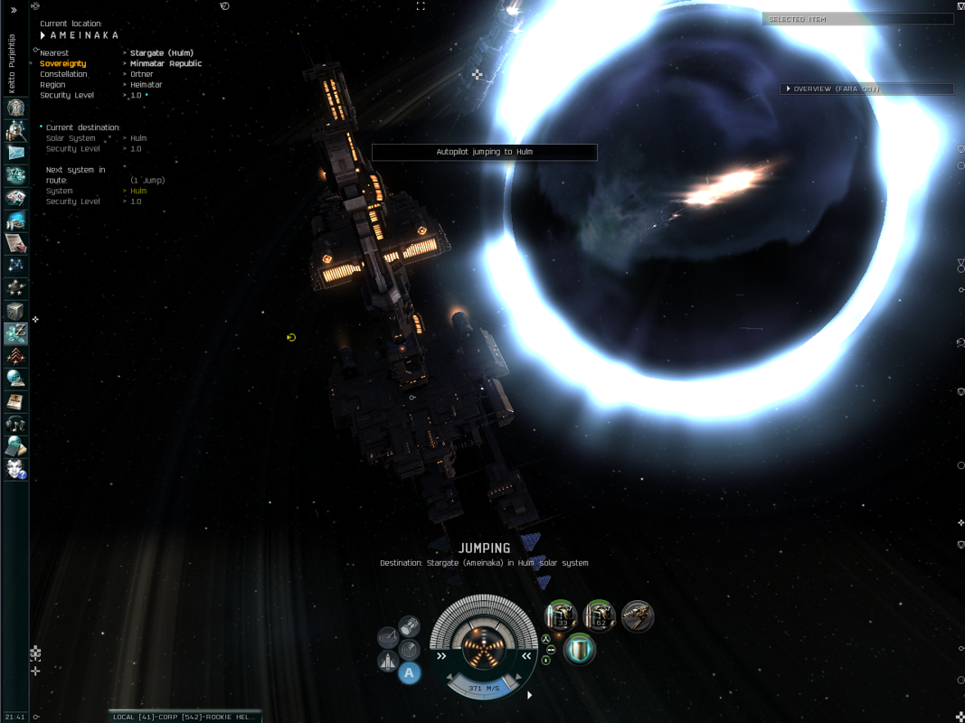 EVE Online (Windows) screenshot: Stargate jumping (after the 12th expansion, Dominion)