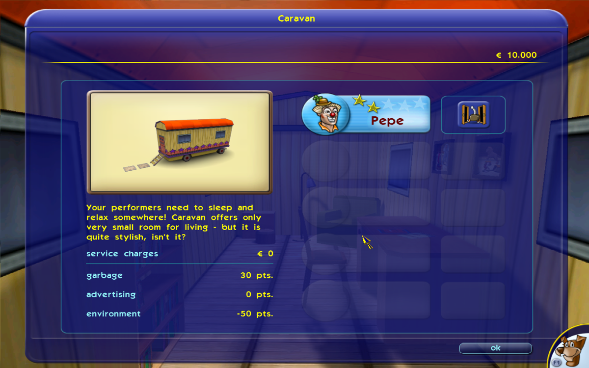 Circus Empire (Windows) screenshot: Details of a performer's caravan.