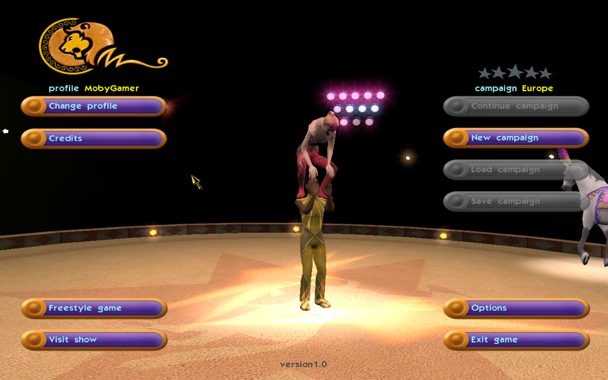 Circus Empire (Windows) screenshot: Animated main menu
