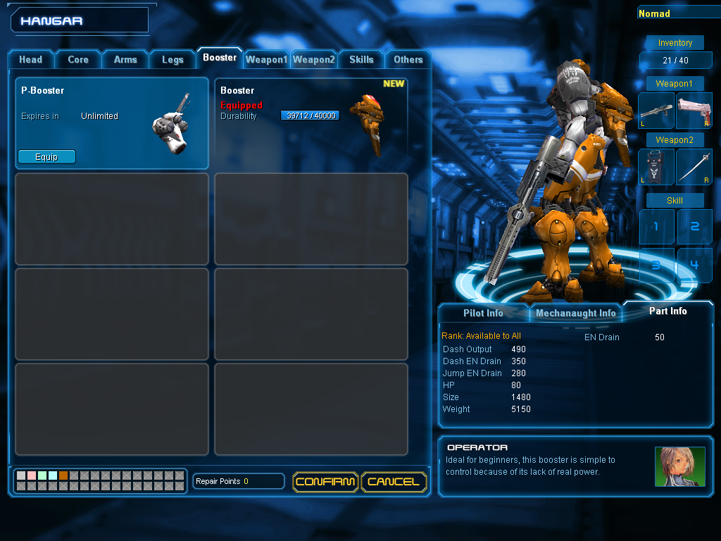 Exteel (Windows) screenshot: The mech is in the house having some upgrades, yo!!