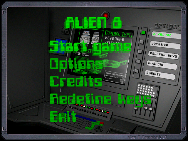 Alien 8 (Windows) screenshot: Main menu