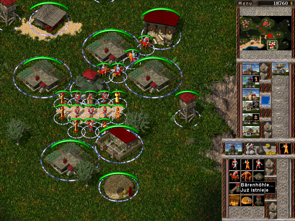 Aztec Wars (Windows) screenshot: Oops. The Polish translation isn't perfect, there are some English and German bits inexplicably left in visible places - such as names of units and buildings.