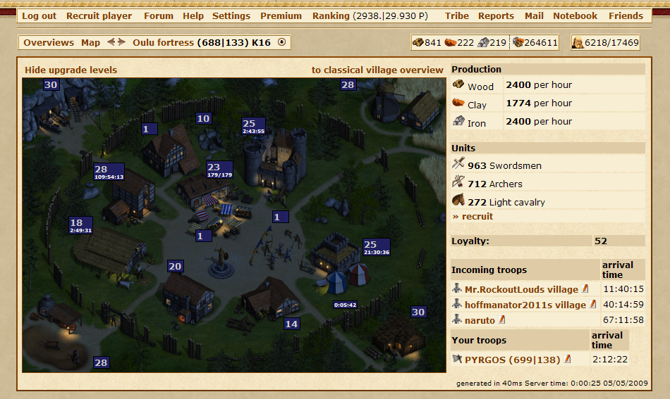 Tribal Wars (Browser) screenshot: The day-night cycle reflects the server time.