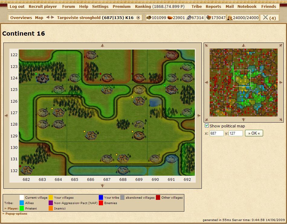 Tribal Wars (Browser) screenshot: The world map, with an applied political overlay