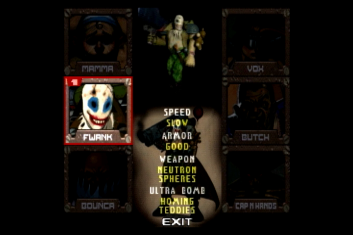 Loaded (PlayStation) screenshot: Character select. Six psychos with unique weapons and stats.
