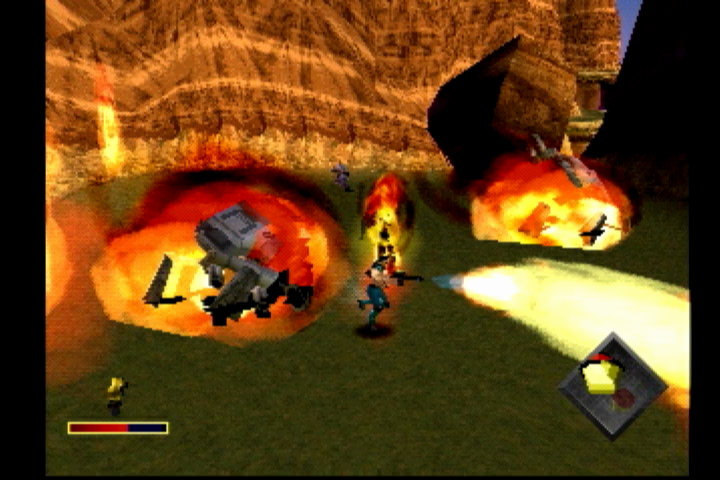 One (PlayStation) screenshot: Mechanized turrets are tough, but not as tough as a flamethrower.
