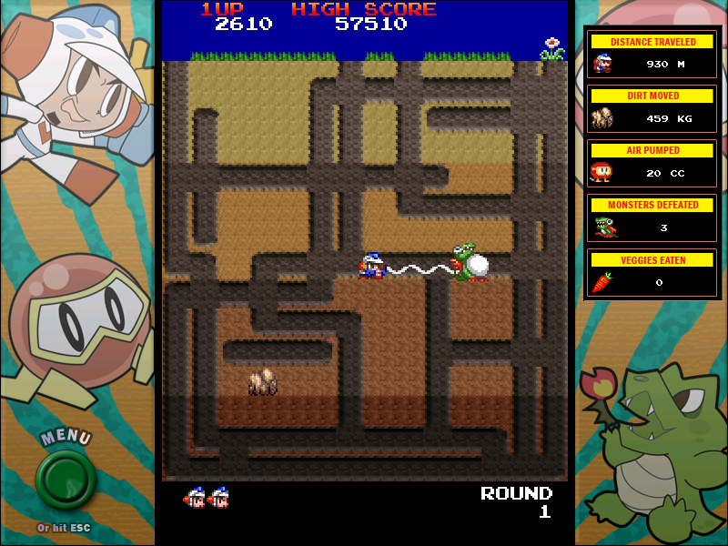 Namco All-Stars: Pac-Man and Dig Dug (Windows) screenshot: Dig Dug enhanced mode: inflating a Fygar.
