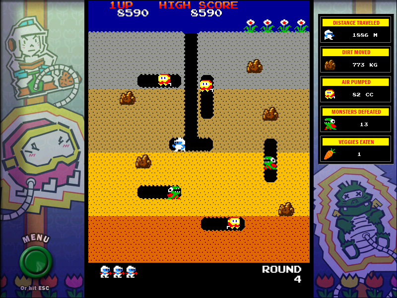 Namco All-Stars: Pac-Man and Dig Dug (Windows) screenshot: Dig Dug classic mode round 4