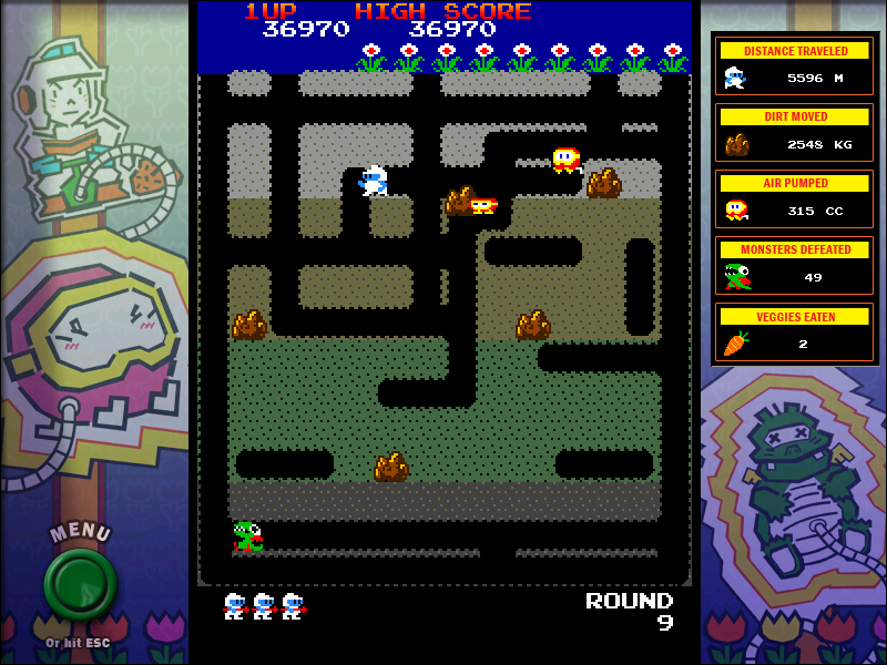 Namco All-Stars: Pac-Man and Dig Dug (Windows) screenshot: Dig Dug classic mode: squashing a Pooka.