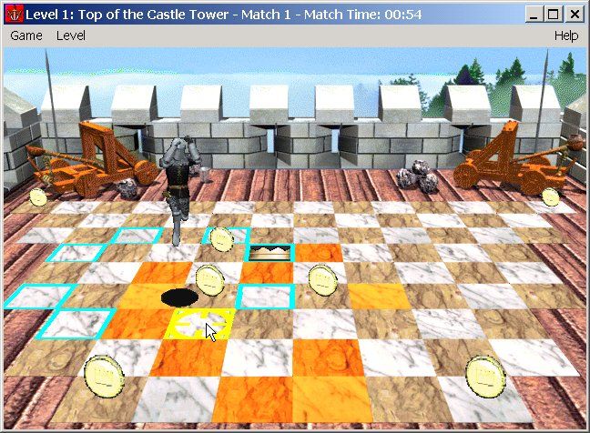 Knight Moves (Windows) screenshot: Maneuver the knight to gather up all of the gold coins