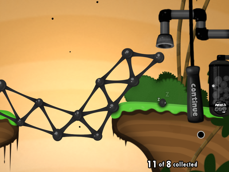 World of Goo (Linux) screenshot: A sufficiently strong structure can bridge gaps.