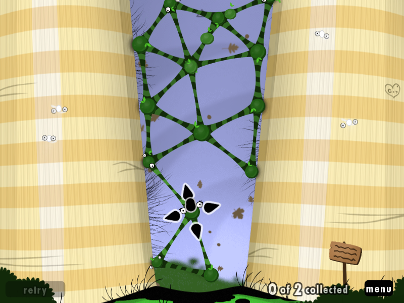 World of Goo (Linux) screenshot: These green goo balls can be detached in order to climb the shaft.
