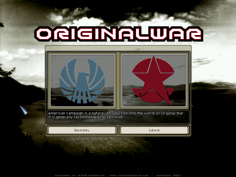 Original War (Windows) screenshot: Choose your side. The game notes that the Russian campaign is intended to be played after the American one.