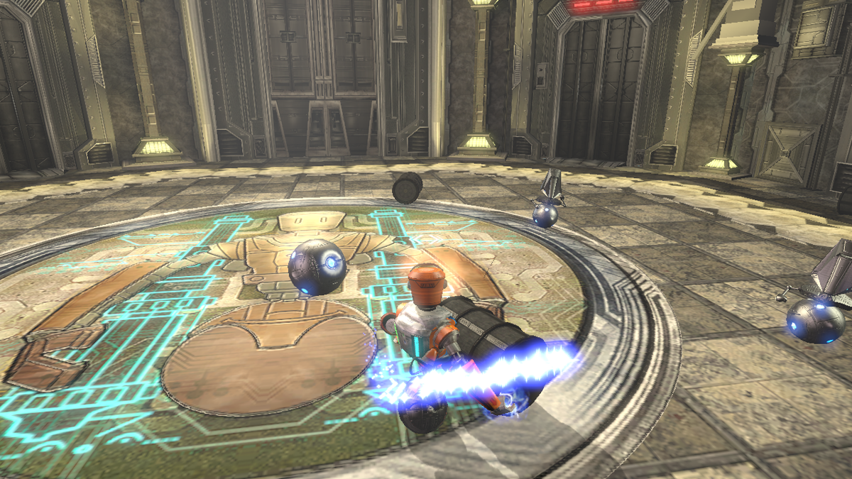 RoboBlitz (Windows) screenshot: Destroying enemies with a barrel.