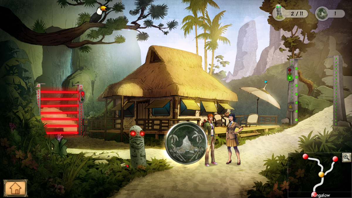 Eden's Quest: The Hunt for Akua (Windows) screenshot: Collecting coins near the bungalow.