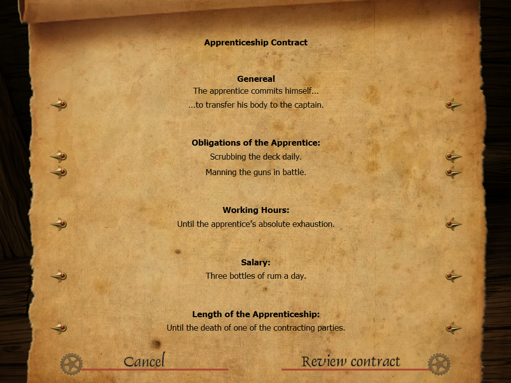Simon the Sorcerer: Who'd Even Want Contact?! (Windows) screenshot: Drafting a contract for your crew members