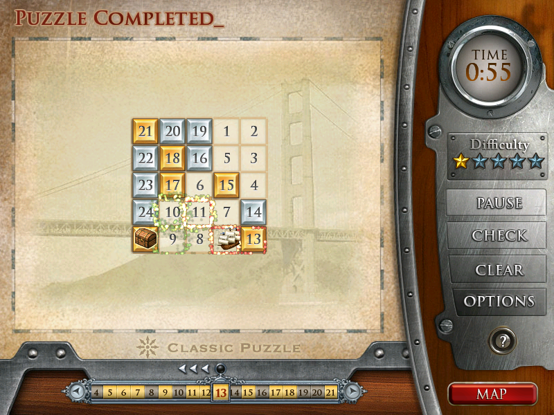 Hidato Adventures (Windows) screenshot: Puzzle complete