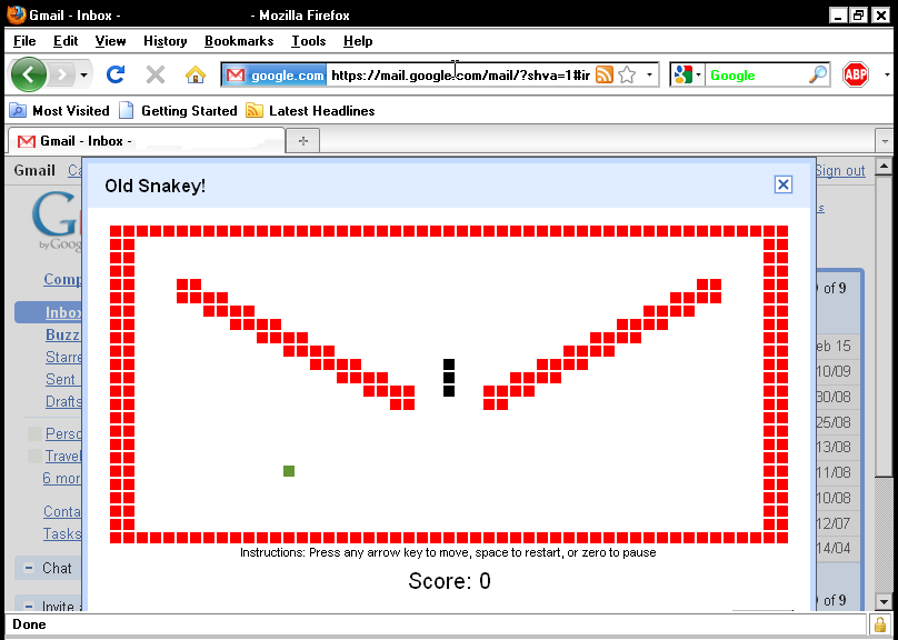 Gmail (included game) (Browser) screenshot: Starting a new game