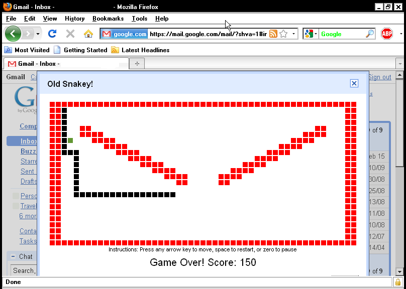 Gmail (included game) (Browser) screenshot: Game over!