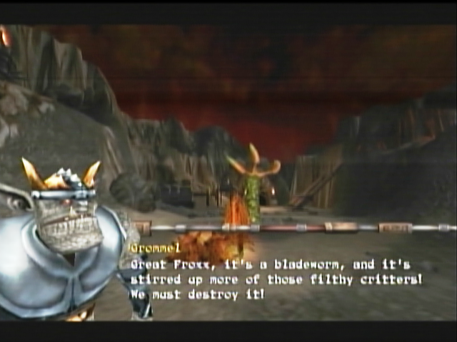 Goblin Commander: Unleash the Horde (Xbox) screenshot: Grommel warning of a bladeworm