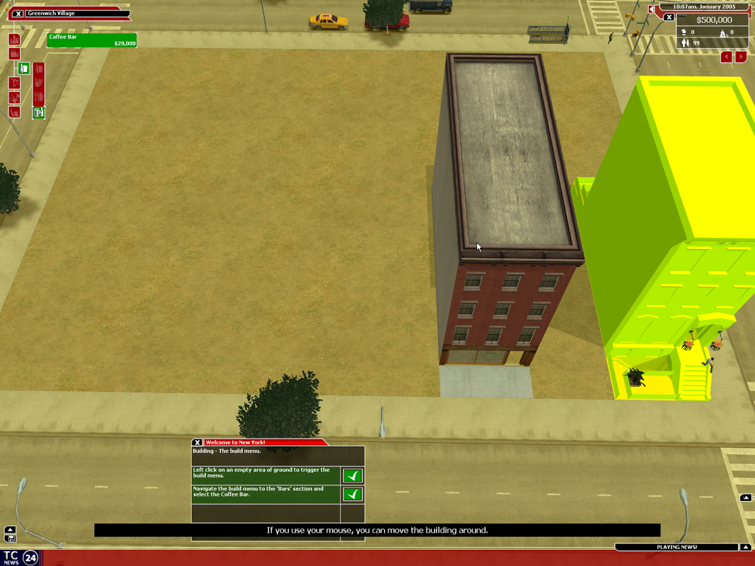 Tycoon City: New York (Windows) screenshot: Learning how to place a building.