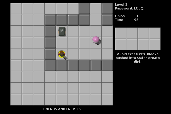 Tile World (Windows) screenshot: "Friends and Enemies" - A short introductory level from a set with basic tutorial puzzles created by <moby developer="Brian Raiter">Brian Raiter</moby>.