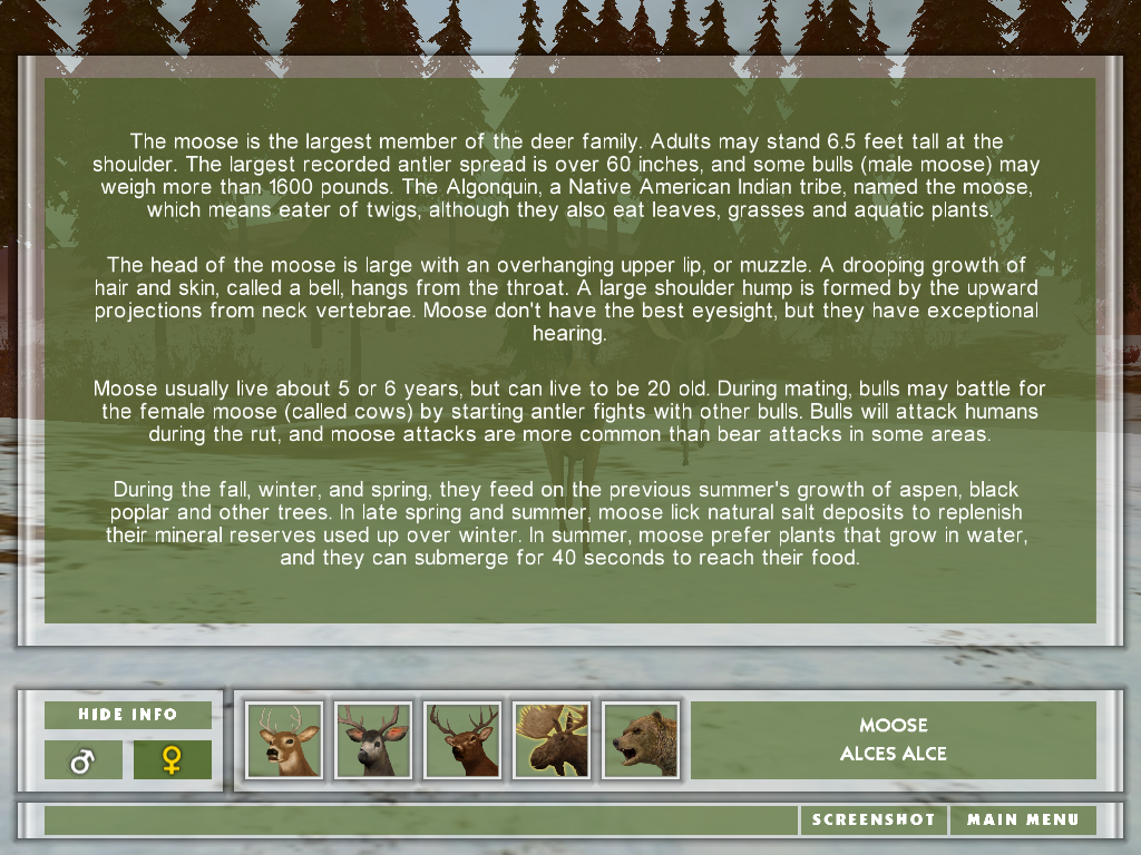 Hunting Unlimited (Windows) screenshot: Description text for the moose