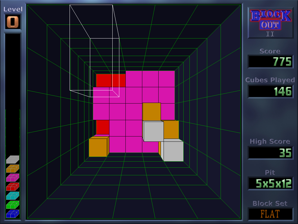 BlockOut II (Windows) screenshot: A 5x5x12 pit
