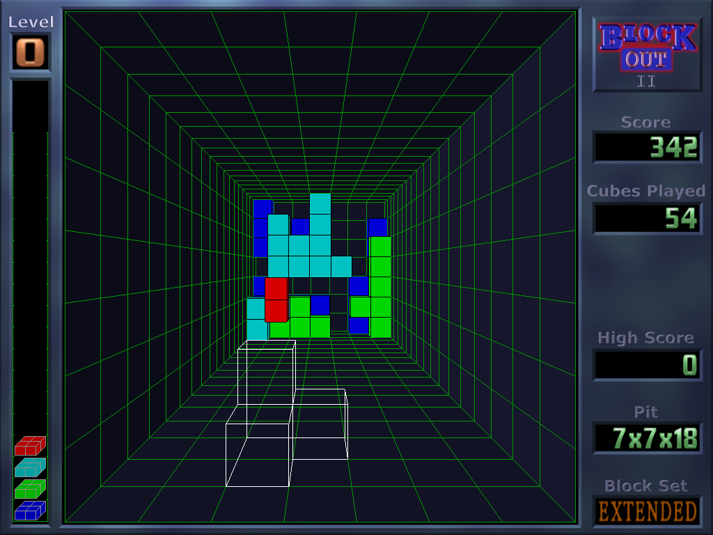 BlockOut II (Windows) screenshot: A 7x7x18 pit