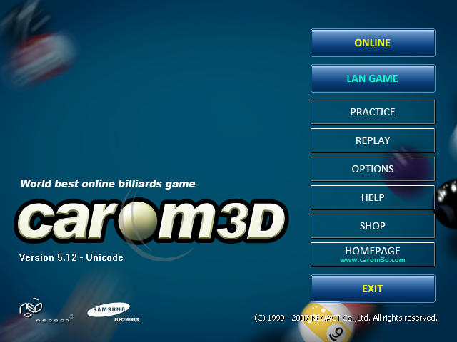 Carom3D (Windows) screenshot: Carom3D startup screen