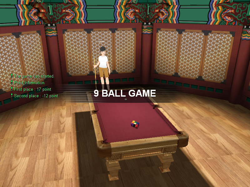Carom3D (Windows) screenshot: Starting a 9 Ball game in the Korean room