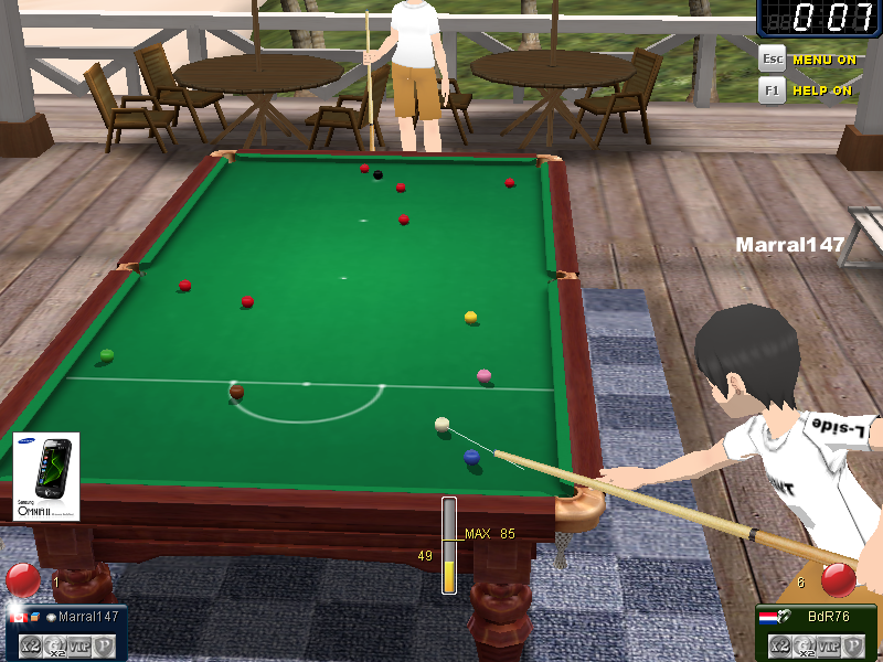 Carom3D (Windows) screenshot: Playing snooker in the Carom Beach room