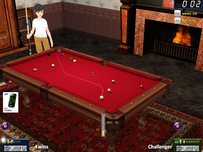 Carom3D (Windows) screenshot: The antique room has a crudely animated fire place